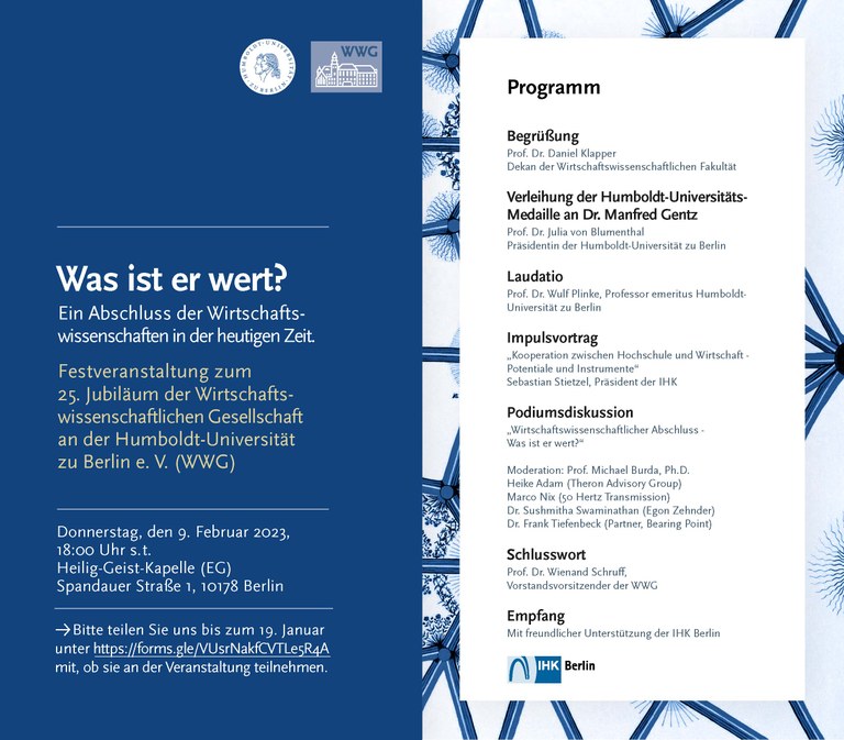 Programm zur Feier des 25-jährigen Bestehens der WWG am 9. Februar 2023